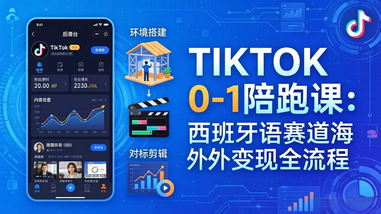 TIKTOK 0-1 陪跑课：从环境搭建到刷对标剪辑，西班牙语赛道海外变现全流程-33资源网