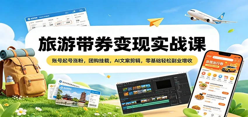 旅游带券变现实战课：账号起号涨粉，团购挂载，AI文案剪辑，零基础轻松副业增收-33资源网