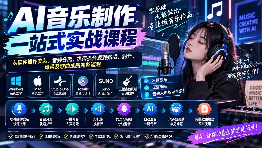 AI音乐制作一站式实战课程：从软件插件安装、音频分离、扒带换音源到贴唱、混音、母带及歌曲成品完整流程-33资源网