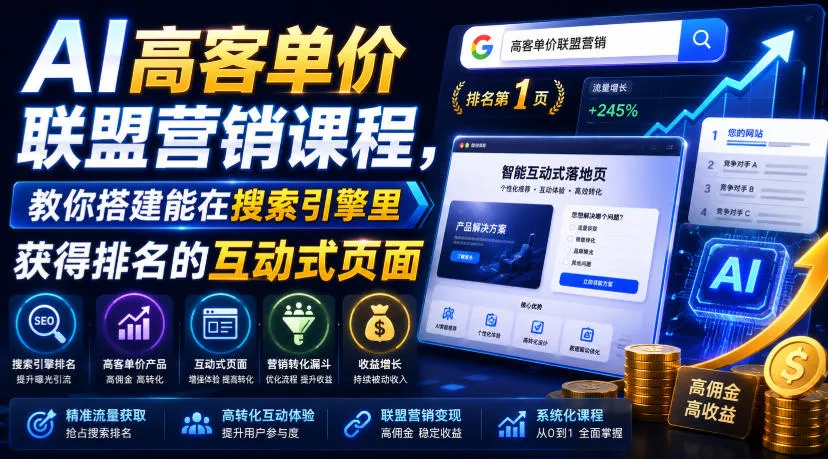 AI高客单价联盟营销课程,教你搭建能在搜索引擎里获得排名的互动式页面,引来流量,把访客转化为高佣金的成交【原创双语字幕】-33资源网
