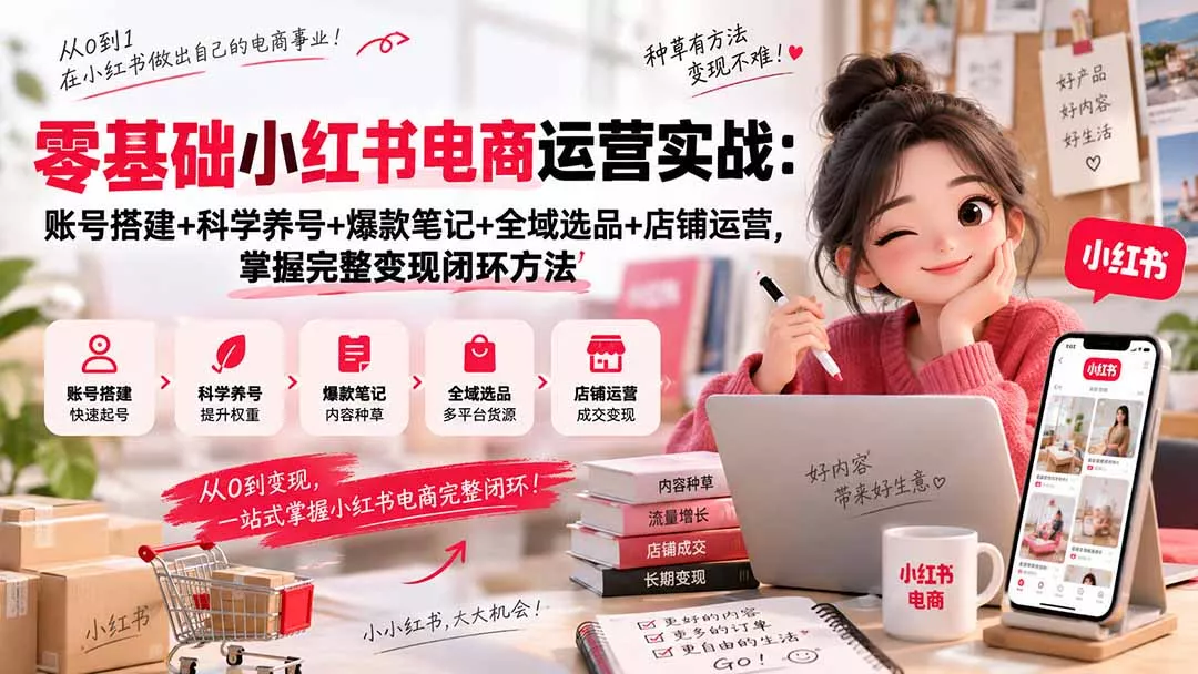 零基础小红书电商运营实战：账号搭建+科学养号+爆款笔记+全域选品+店铺运营，掌握完整变现闭环方法-33资源网