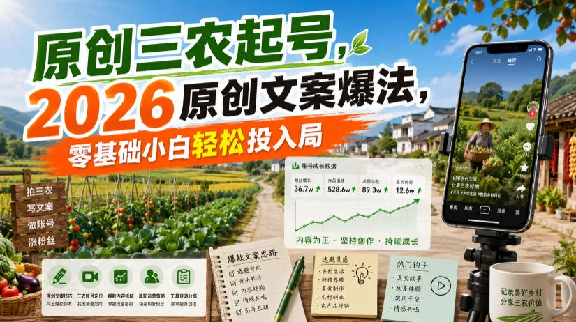 原创三农起号，2026原创文案爆法，零基础小白轻松投入局-33资源网