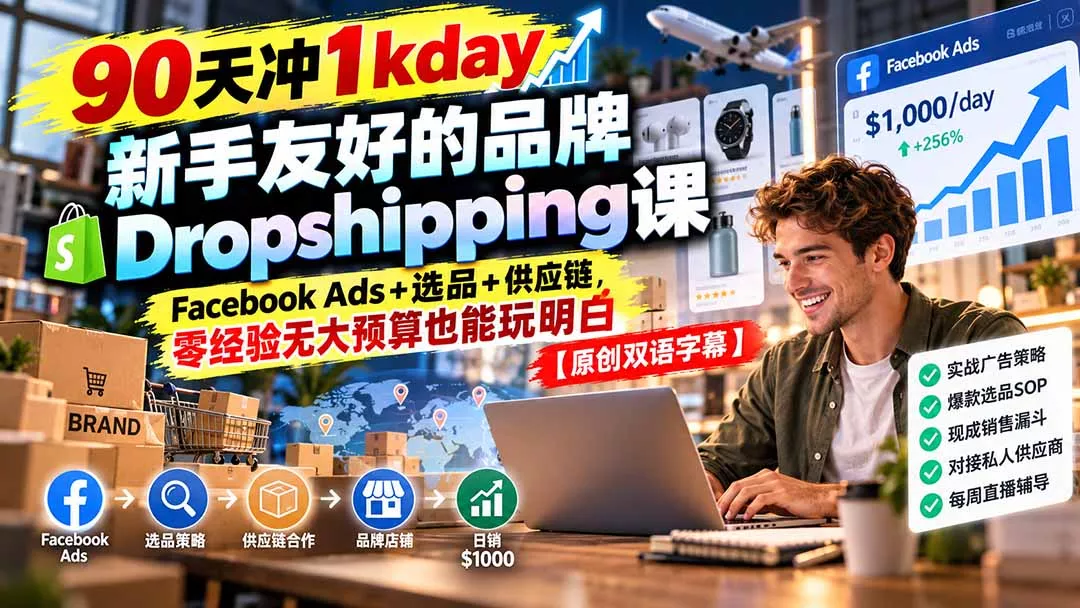 90天冲1kday 新手友好的品牌Dropshipping课：Facebook Ads+选品+供应链，零经验无大预算也能玩明白【原创双语字幕】-33资源网