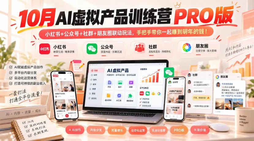 10月AI虚拟产品训练营PRO版,小红书+公众号+社群+朋友圈联动玩法,手把手带你一起赚到明年的钱!-33资源网