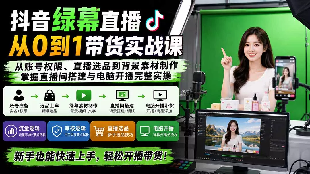 抖音绿幕直播从0到1带货实战课：从账号权限、直播选品到背景素材制作，掌握直播间搭建与电脑开播完整实操-33资源网
