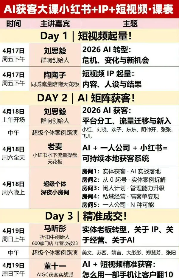 AI获客大课小红书+IP+短视频3天2夜线下课，用最真实的一线案例，最前沿的AI工具，最有效的流量打法-33资源网