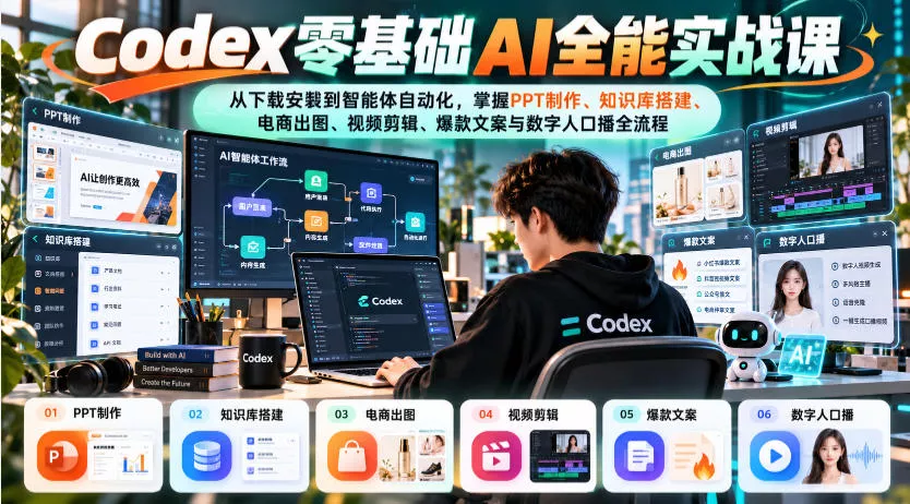 Codex零基础AI全能实战课:从下载安装到智能体自动化,掌握知识库搭建、电商出图、视频剪辑、爆款文案与数字人口播全流程-33资源网