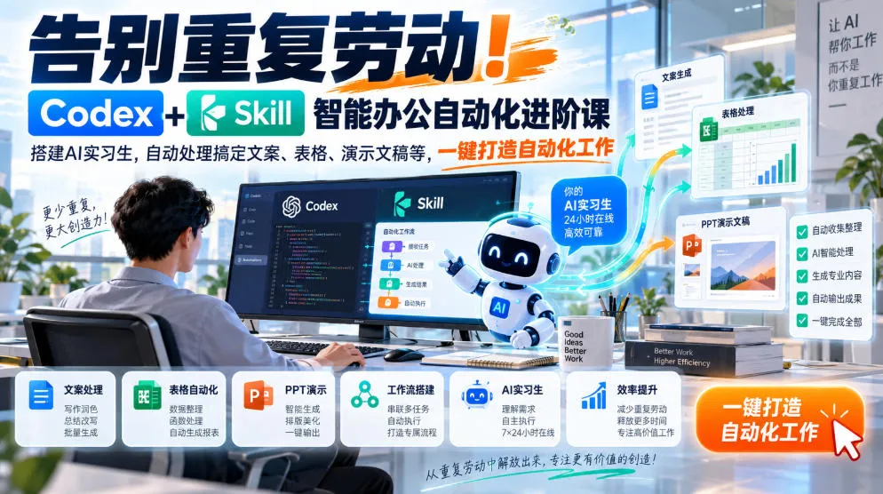 告别重复劳动!Codex+Skill智能办公自动化进阶课|搭建AI实习生,自动处理搞定文案、表格、演示文稿等,一键打造自动化工作-33资源网