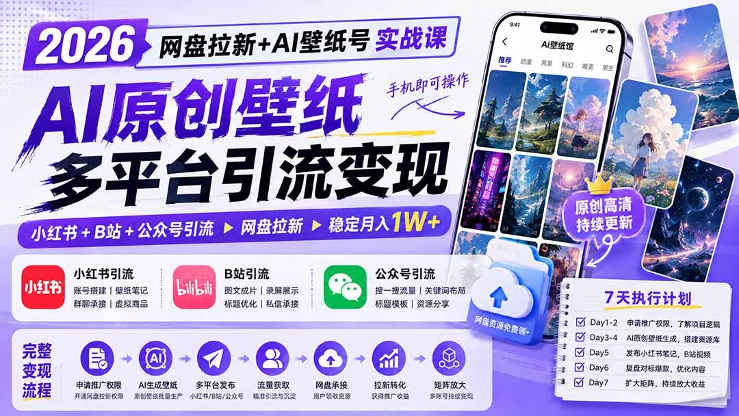 2026网盘拉新+AI壁纸号实战课:AI原创壁纸+小红书+B站+公众号引流,手机即可操作,月入1W+-33资源网