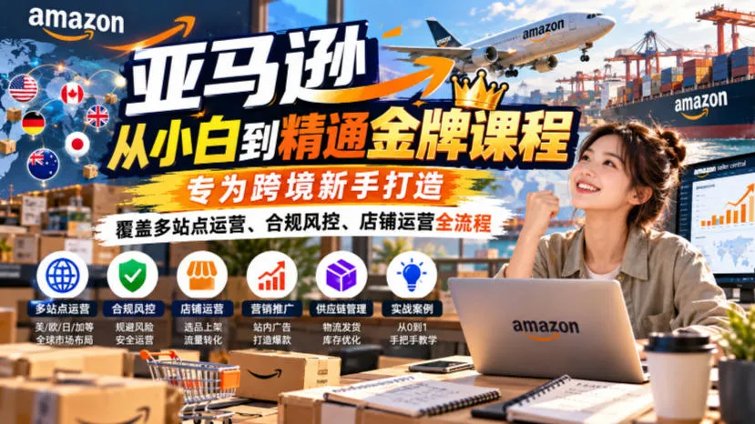亚马逊从小白到精通金牌课程，专为跨境新手打造，覆盖多站点运营、合规风控、店铺运营全流程-33资源网