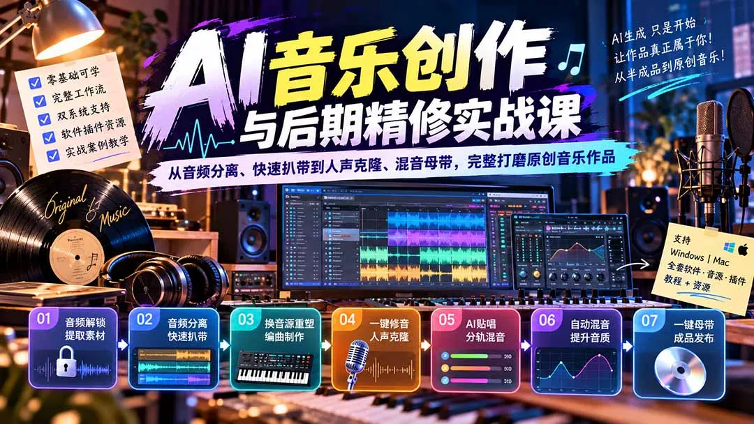 AI音乐创作与后期精修实战课：从音频分离、快速扒带到人声克隆、混音母带，完整打磨原创音乐作品-33资源网