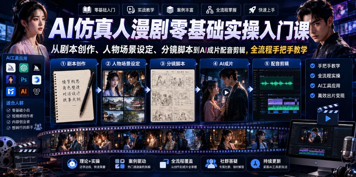 AI仿真人漫剧零基础实操入门课,从剧本创作、人物场景设定、分镜脚本到AI成片配音剪辑,全流程手把手教学-33资源网