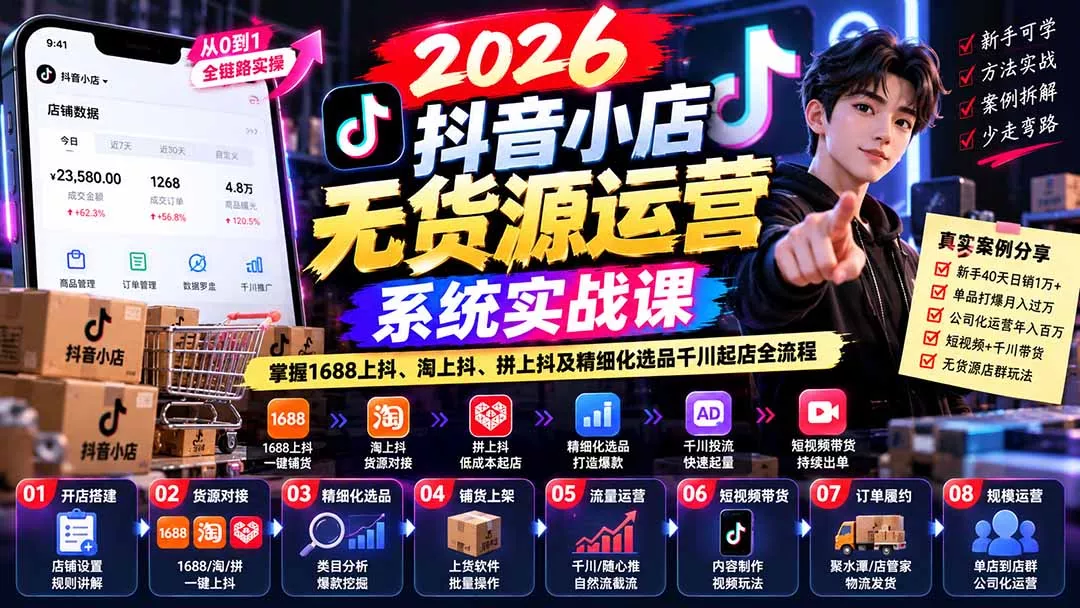 【无水印】2026抖音小店无货源运营系统实战课:掌握1688上抖、淘上抖、拼上抖及精细化选品千川起店全流程-33资源网