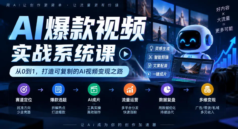 AI爆款视频实战系统课｜赛道定位、爆款选题、AI成片、流量运营、数据复盘、多维变现全链路教学-33资源网