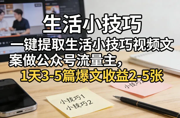 一键提取生活小技巧视频文案做公众号流量主，1天3-5篇爆文收益2-5张-33资源网