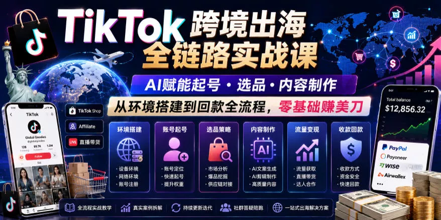 TikTok跨境出海全链路实战课,AI赋能起号・选品・内容制作,从环境搭建到回款全流程,零基础賺美刀-33资源网