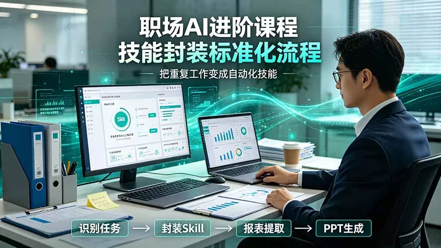 职场AI进阶课程;多类实用Skill工具实操,专属技能封装标准化流程,报表行业报告一键提取核心内容-33资源网