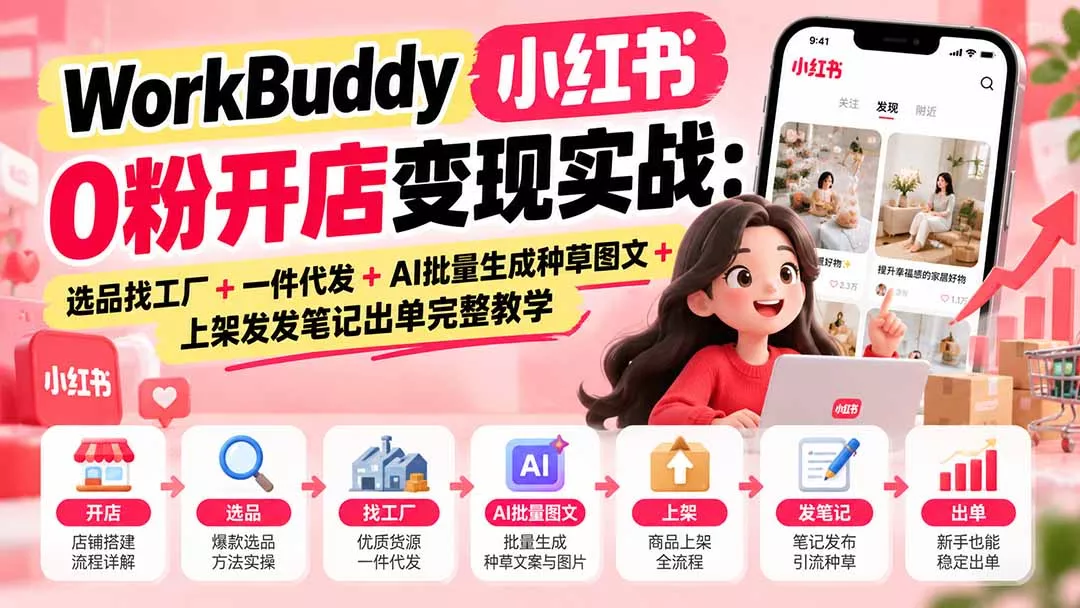 WorkBuddy小红书0粉开店变现实战：选品找工厂+一件代发+AI批量生成种草图文+上架发发笔记出单完整教学-33资源网