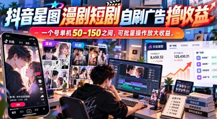 抖音星图漫剧短剧自刷广告撸收益，一个号单机50-150之间，可批量操作放大收益-33资源网