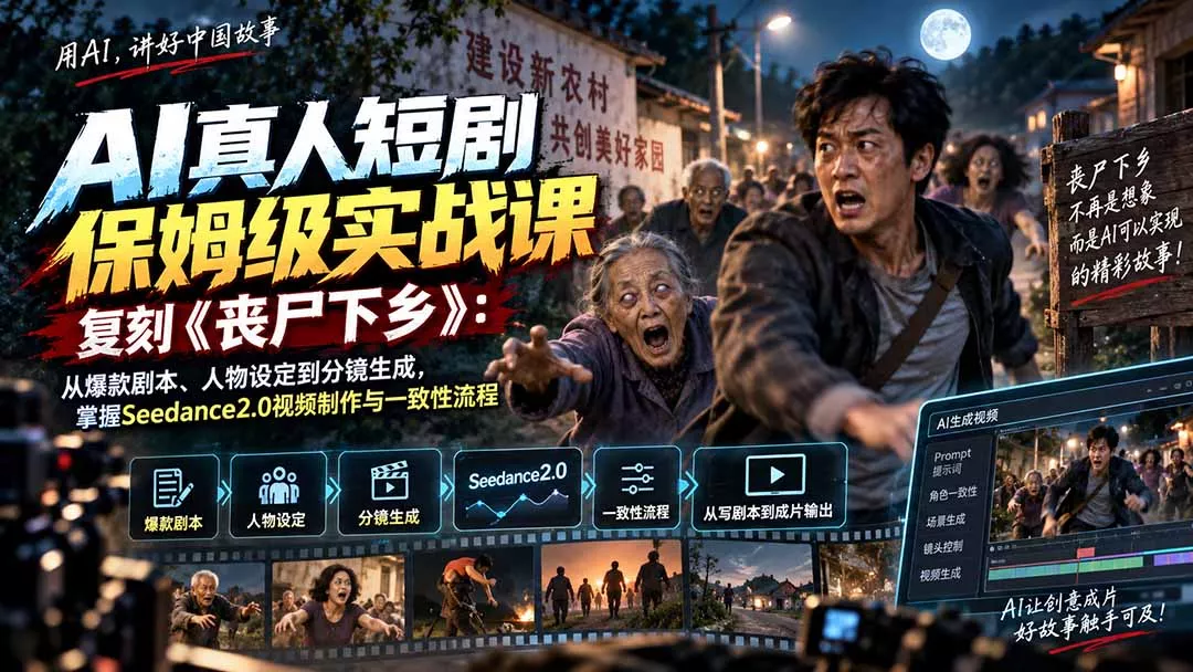 AI真人短剧保姆级实战课，复刻《丧尸下乡》：从爆款剧本、人物设定到分镜生成，掌握Seedance2.0视频制作与一致性流程-33资源网