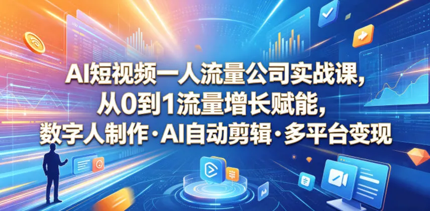 AI短视频一人流量公司实战课，从0到1流量增长赋能，数字人制作・AI自动剪辑・多平台变现，一人做流量生意全落地教程-33资源网