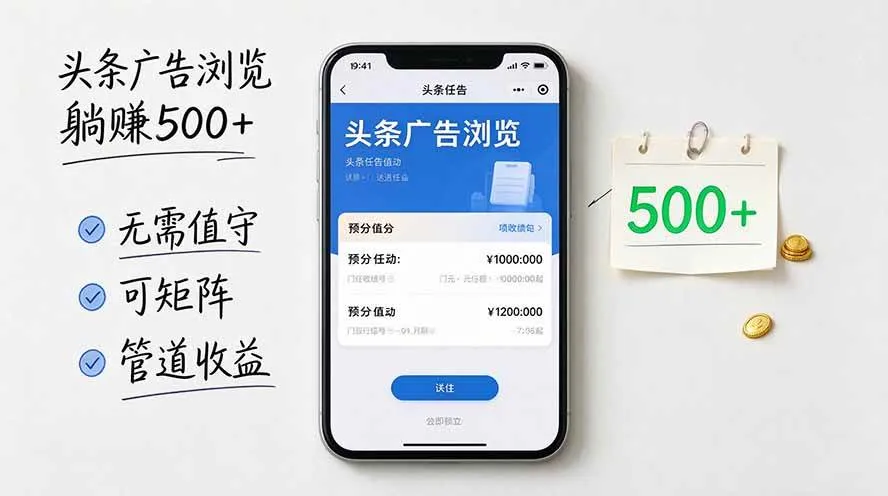 （20835期）头条广告浏览躺赚500+无需值守，可矩阵并附有管道收益-33资源网
