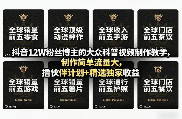 抖音12W粉丝博主的大众科普视频制作教学，制作简单流量大，撸伙伴计划+精选独家收益-33资源网