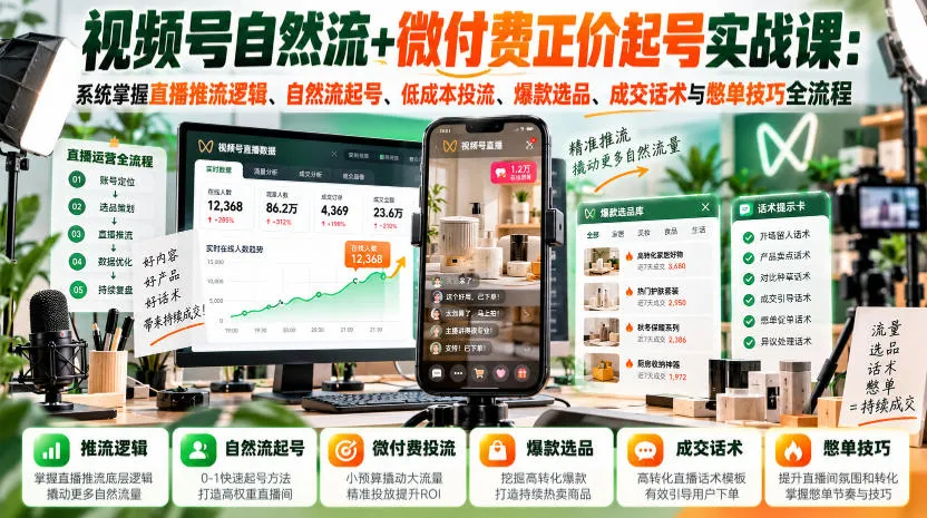 视频号自然流+微付费正价起号实战课:系统掌握直播推流逻辑、自然流起号、低成本投流、爆款选品、成交话术与憋单技巧全流程-33资源网
