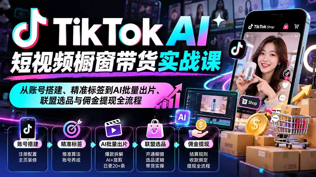 TikTok AI短视频橱窗带货实战课:从账号搭建、精准标签到AI批量出片、联盟选品与佣金提现全流程-33资源网