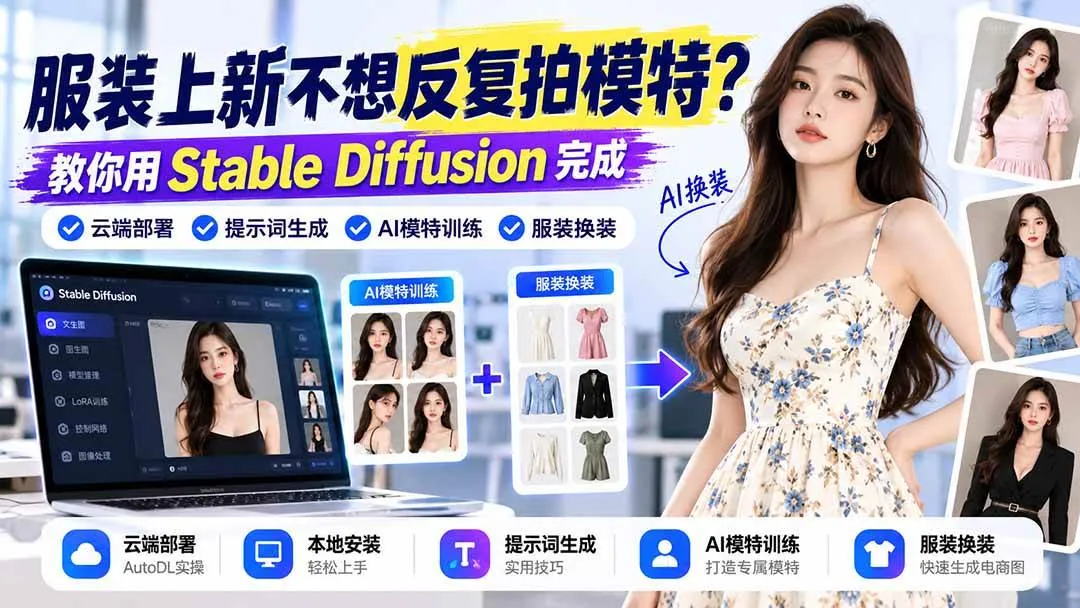 (21099期)服装上新不想反复拍模特?教你用Stable Diffusion完成云端部署、提示词生成、AI模特训练与换装-33资源网