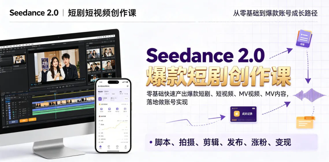 Seedance 2.0短剧短视频创作课,零基础快速产出爆款短剧、短视频、MV内容,落地做账号实现变现-33资源网