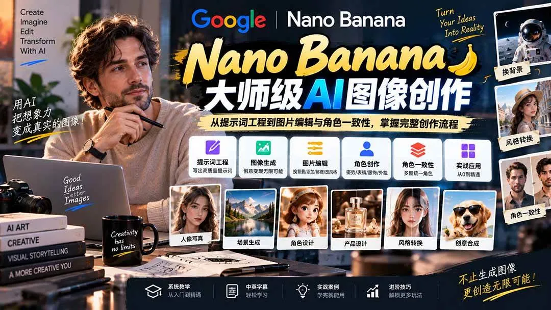 (20609期)【无水印】Nano Banana大师级AI图像实战课:从提示词工程到图片编辑与角色一致性,掌握完整创作流程 (20609期)【无水印】Nano Banana大师级AI图像实战课:从提示词工程到图片编辑与角色一致性,掌握完整创作流程