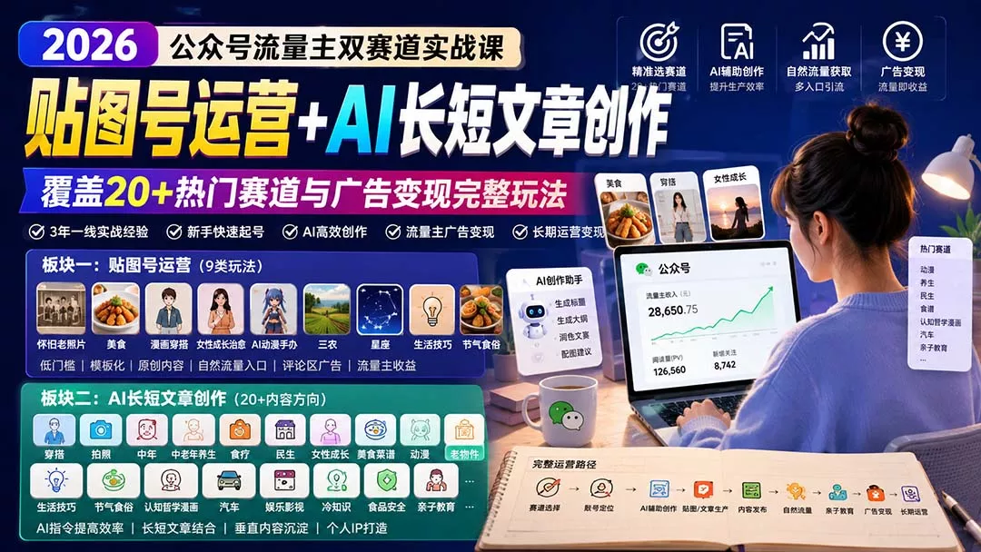 公众号流量主双赛道实战课：贴图号运营+AI长短文章创作，覆盖20+热门赛道与广告变现完整玩法-33资源网