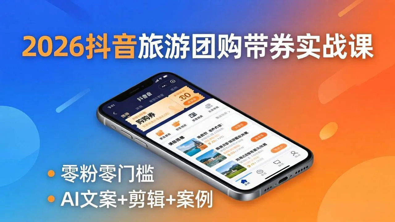 （18175期）2026抖音旅游团购带券实战课：零粉零门槛，AI文案+剪辑+案例，躺着赚门票佣金-33资源网