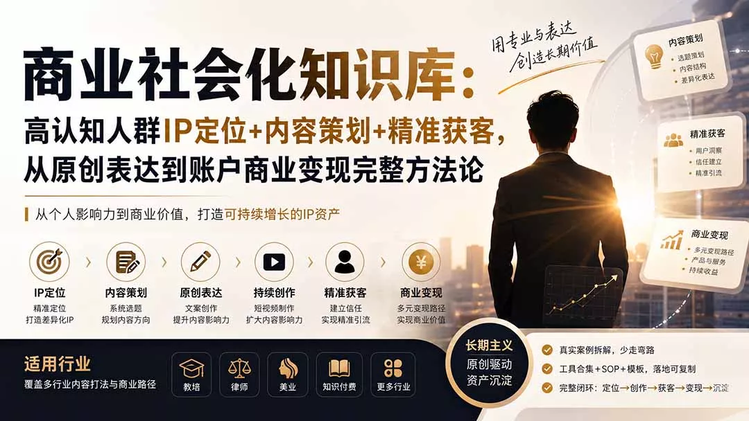 商业社会化知识库：高认知人群IP定位+内容策划+精准获客，从原创表达到账户商业变现完整方法论-33资源网