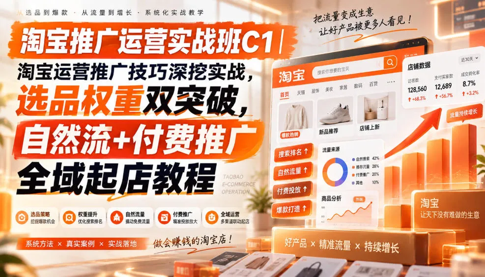 淘宝推广运营实战班C1｜淘宝运营推广技巧深挖实战，选品权重双突破，自然流+付费推广全域起店教程-33资源网