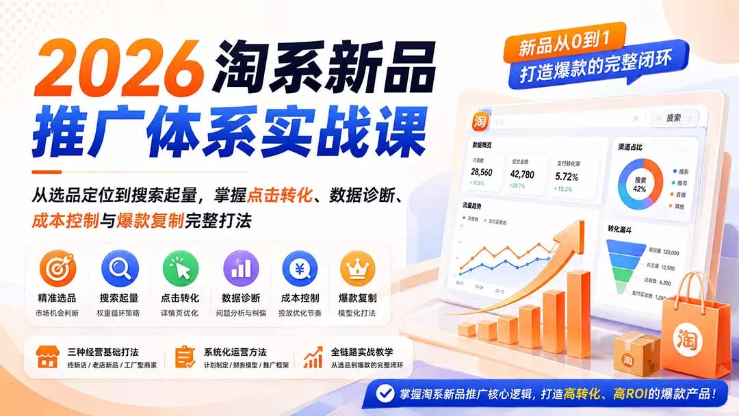 2026淘系新品推广体系实战课：从选品定位到搜索起量，掌握点击转化、数据诊断、成本控制与爆款复制完整打法-33资源网