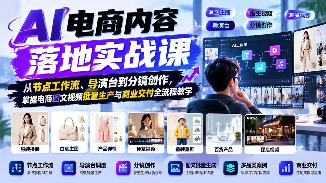 (21136期)AI电商内容落地实战课:从节点工作流、导演台到分镜创作,掌握电商图文视频批量生产与商业交付全流程教学-33资源网