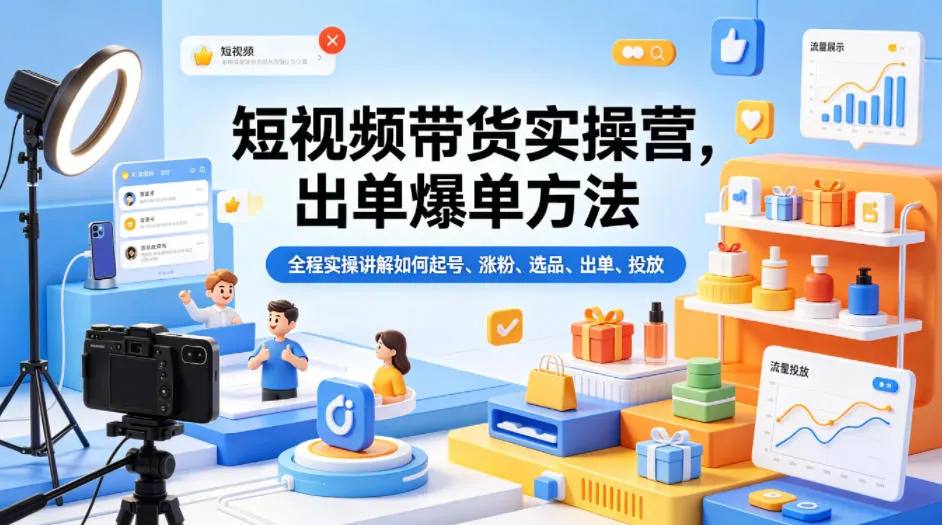 短视频带货实操营，出单爆单方法，全程实操讲解如何起号、涨粉、选品、出单、投放-33资源网