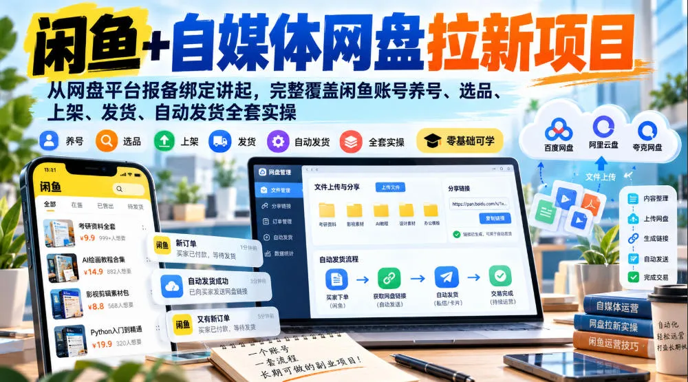 闲鱼+自媒体网盘拉新项目，从网盘平台报备绑定讲起，完整覆盖闲鱼账号养号、选品、上架、发货、自动发货全套实操-33资源网