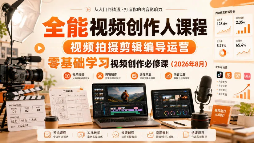 全能视频创作人课程,视频拍摄剪辑编导运营,零基础学习视频创作必修课(2026年8月)-33资源网