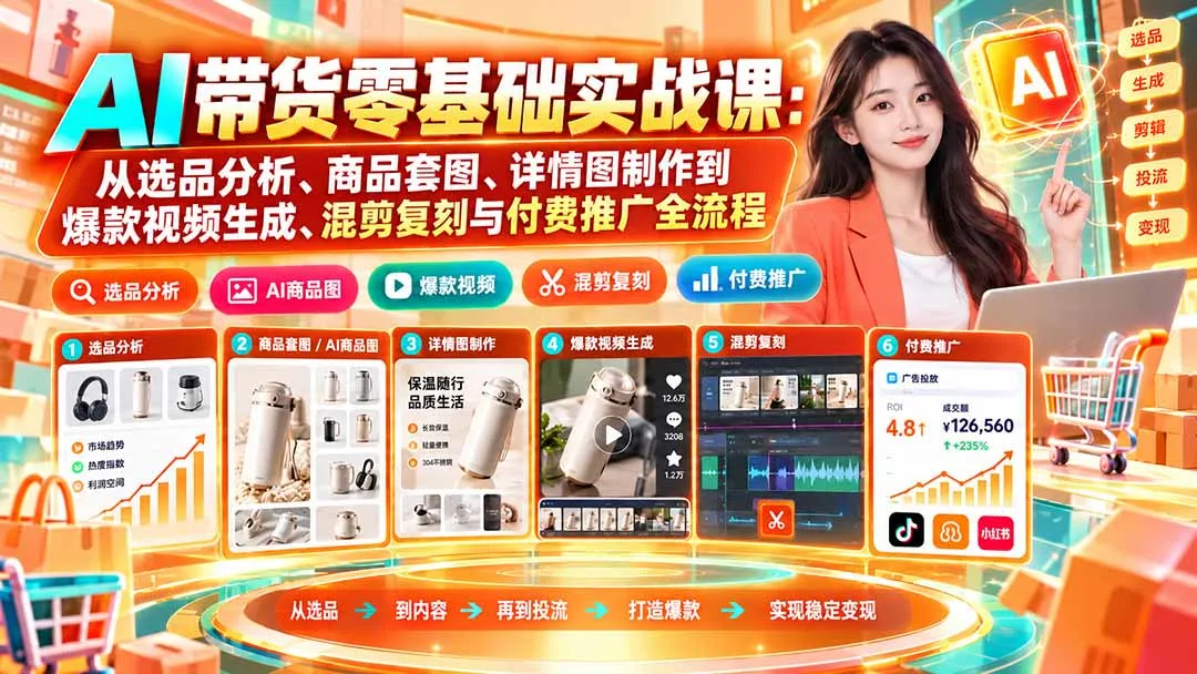 AI带货零基础实战课:从选品分析、商品套图、详情图制作到爆款视频生成、混剪复刻与付费推广全流程-33资源网