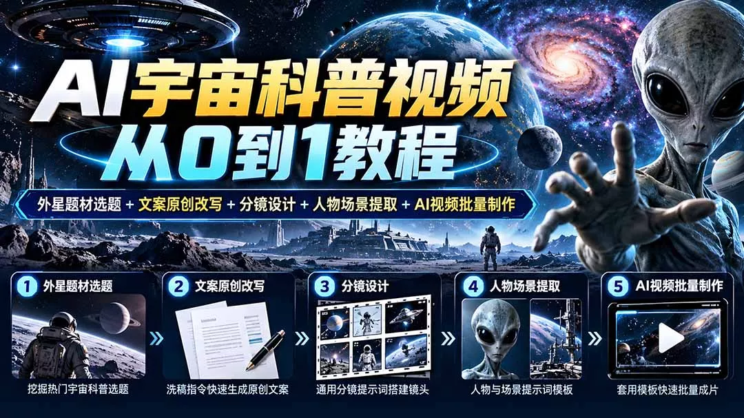 AI宇宙科普视频从0到1教程|外星题材选题+文案原创改写+分镜设计+人物场景提取+AI视频批量制作-33资源网