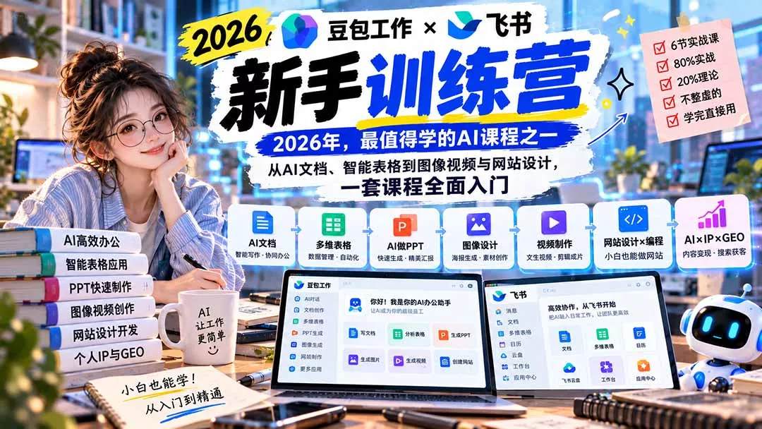 2026豆包工作+飞书新手训练营-9月新课：从AI文档、智能表格到图像视频与网站设计，一套课程全面入门-33资源网