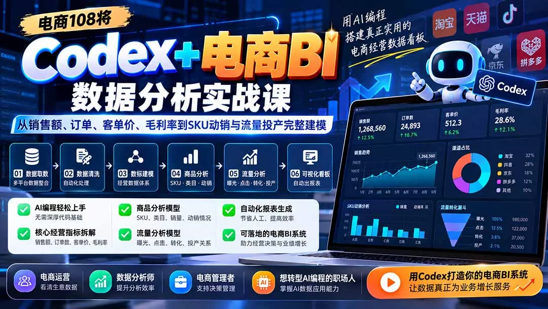 Codex+电商BI数据分析实战课-更新:从销售额、订单、客单价、毛利率到SKU动销与流量投产完整建模-33资源网