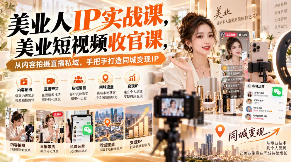 【无水印】美业人IP实战课,美业短视频收官课,从内容拍摄直播私域,手把手打造同城变现IP-33资源网