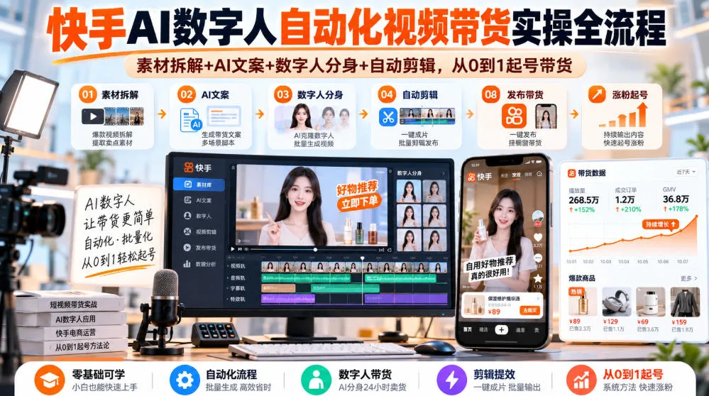 快手AI数字人自动化视频带货实操全流程|素材拆解+AI文案+数字人分身+自动剪辑,从0到1起号带货(更新26年)-33资源网