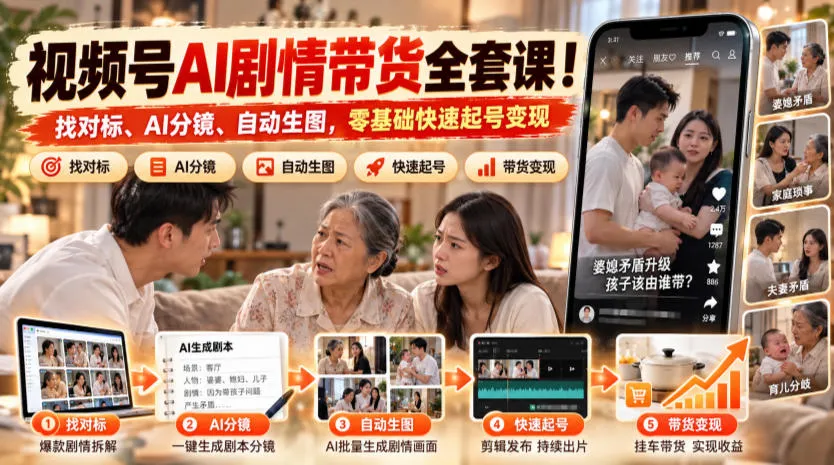 视频号AI剧情带货全套课!找对标、AI分镜、自动生图,零基础快速起号变现-33资源网