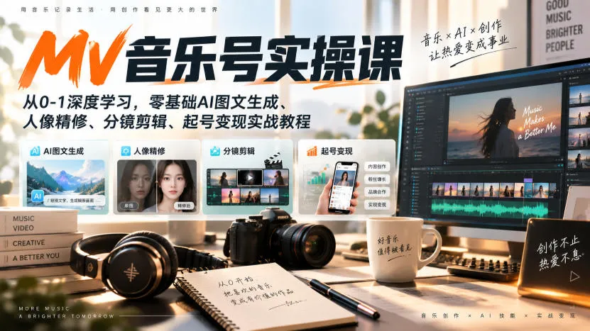 AI MV音乐号实操课,从0-1深度学习,零基础AI图文生成、人像精修、分镜剪辑、起号变现实战教程-33资源网