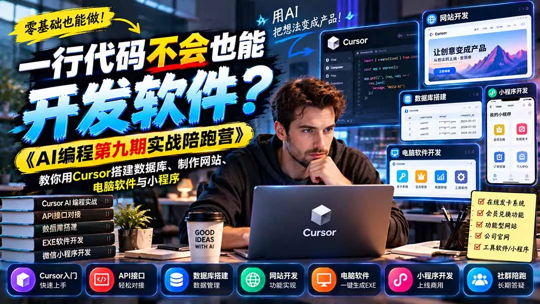 一行代码不会也能开发软件?《AI编程第九期实战陪跑营》教你用Cursor搭建数据库、制作网站、电脑软件与小程序-33资源网